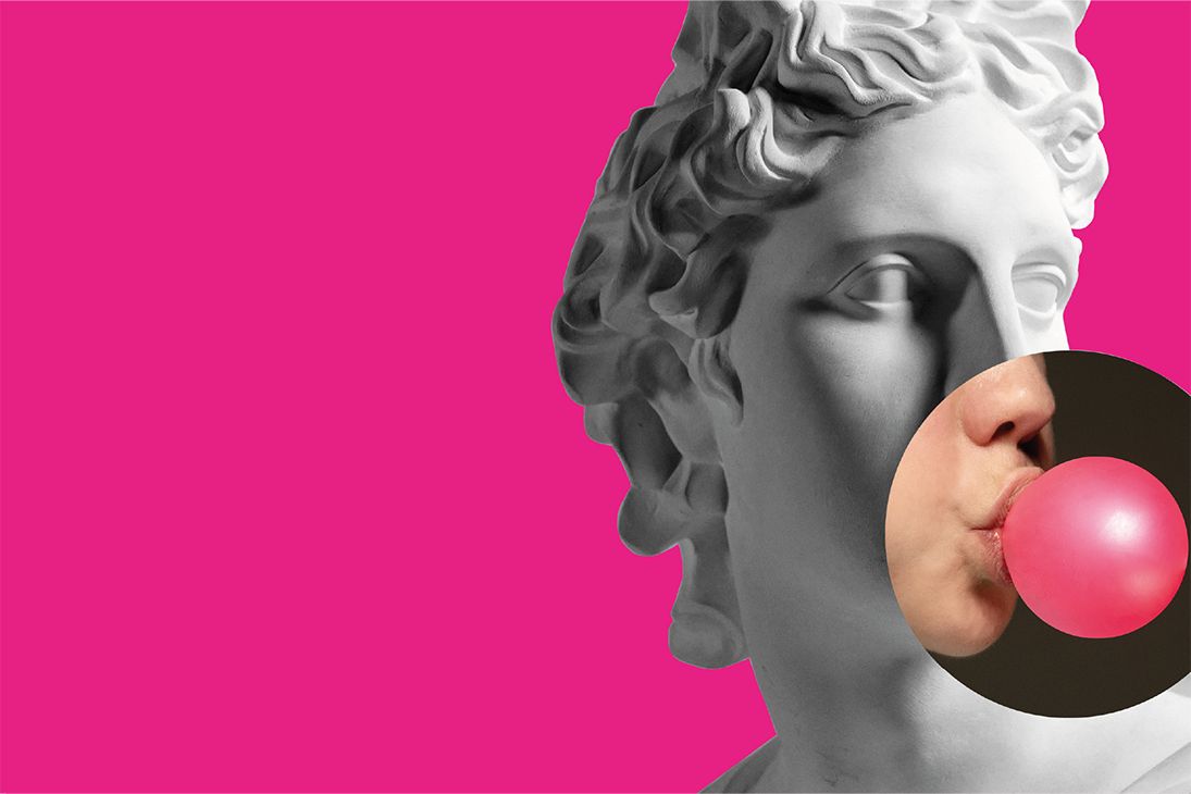 A renaissance style female statue's head on a pink background with a modern twist resulting with the mouth blowing a bubble gum bubble.