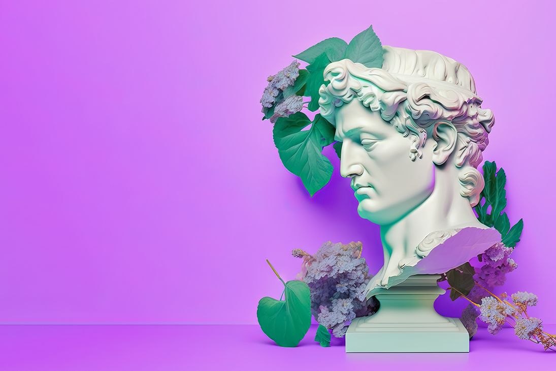 A renaissance style male statue's head with flowers, green leaves and a purple background.
