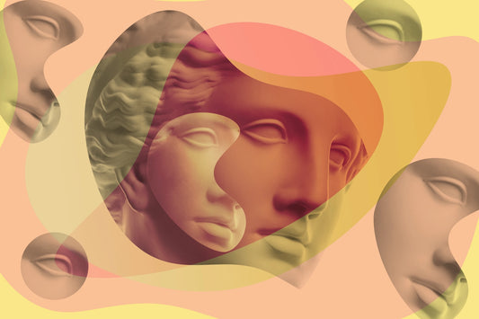 Modern creative collage with renaissance sculpture of human face in a pop art style. 