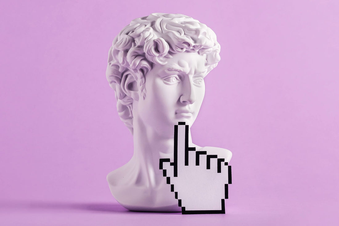 A sculpture of a head in a renaissance style with a modern digital hand under the chin resting on one finger to depict thought or thinking.