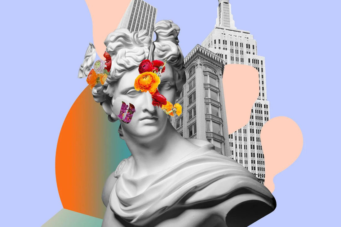A renaissance style bust floating in front of some modern skyscrapers.