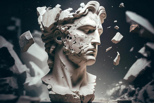 A distressed looking Renaissance style statue head fractured and shattering into pieces depicting Imposter Syndrome