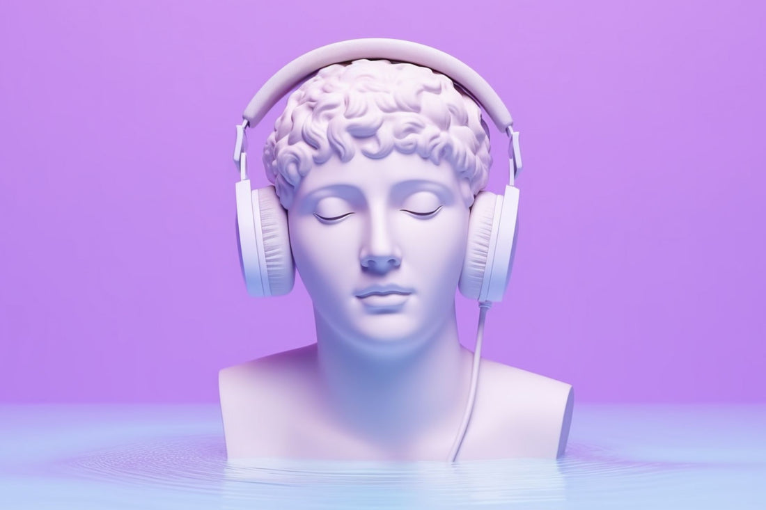 A renaissance style bust with a modern twist of listening to headphones.