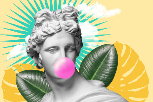 A sculpture of a lady in a renaissance style with a cheeky twist, as she is chewing bubble gum and blowing a bubble.