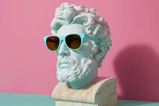 Renaissance style head sculpture wearing light blue summer sunglasses
