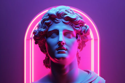 Classic renaissance style statue head with neon halo like lighting background