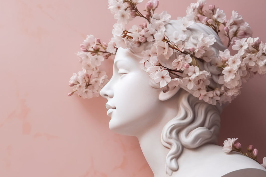 A beautiful renaissance style sculptured female head wearing a pink floral crown on a pink background.