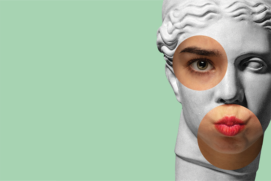 A renaissance style head with a modern twist of a cheeky face on a mint green background.