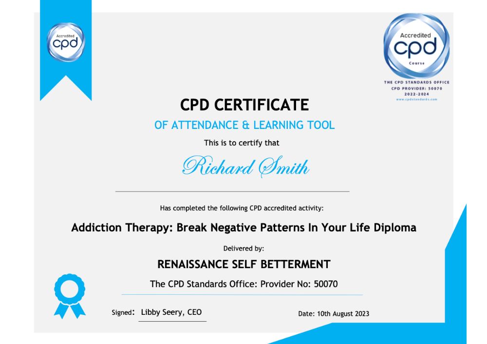 Example of CPD certificate of attendance received upon course completion for addiction therapy course