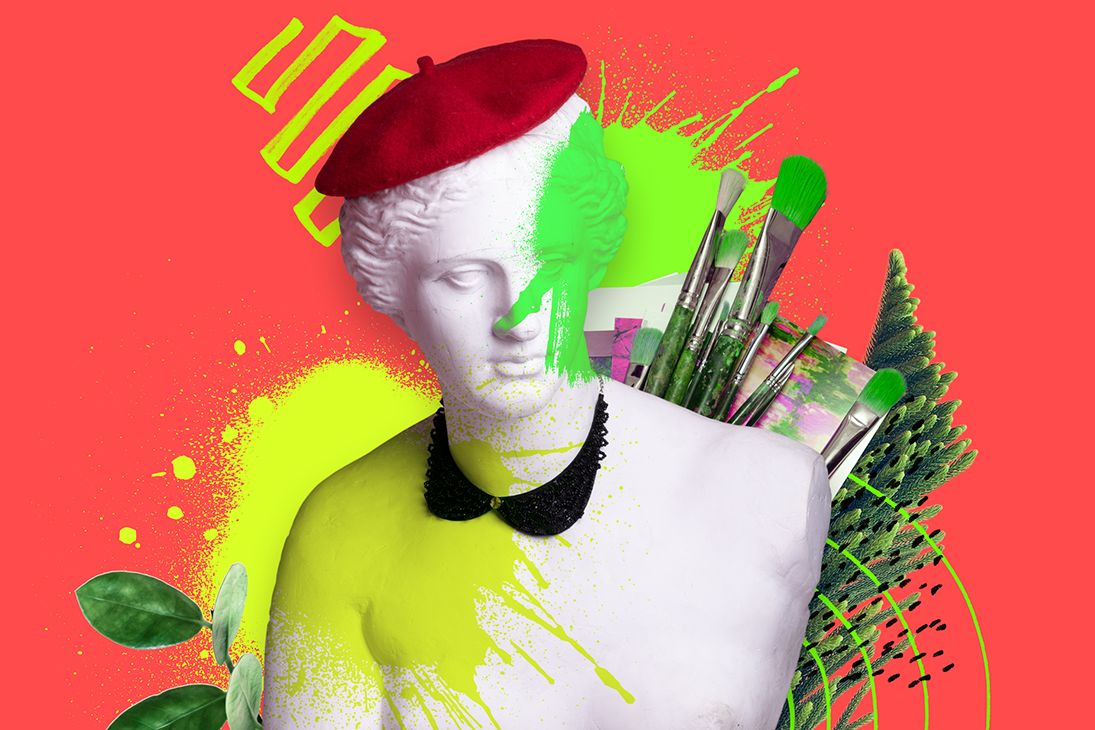 An abstract image of a renaissance style statue covered in green and yellow paint wearing a red beret. Behind the statue is more colours and lots of paint brushes.