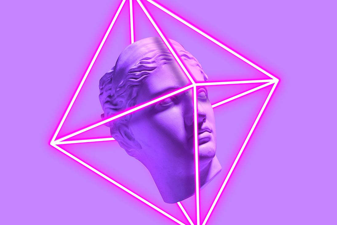 An abstract image of a renaissance style statue's head within a neon lit cube and a purple background.