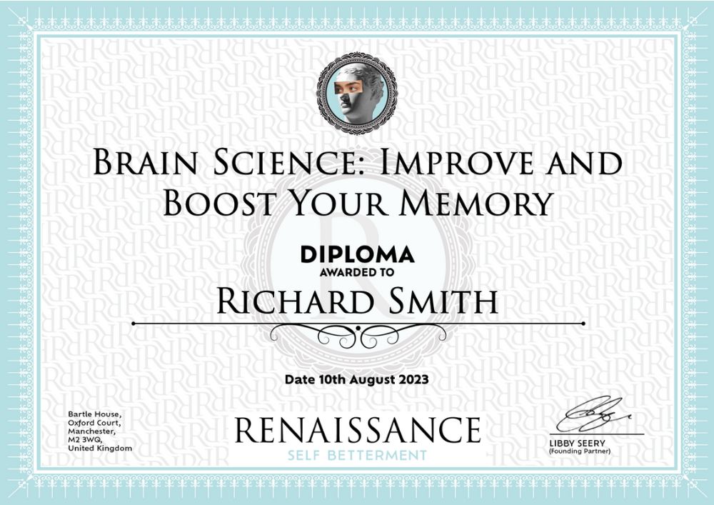 Example of diploma received following completion of Brain Science: Improve Your Memory and Boost Your Memory