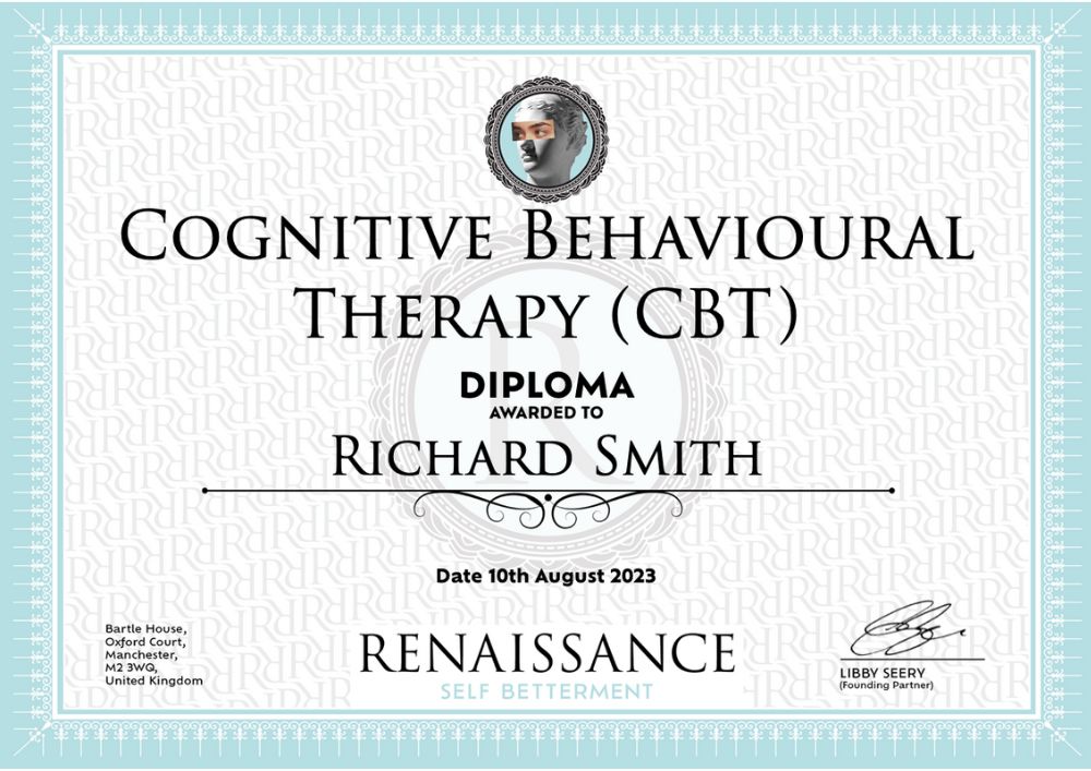 Example of diploma received following completion of Cognitive Behavioural Therapy (CBT)