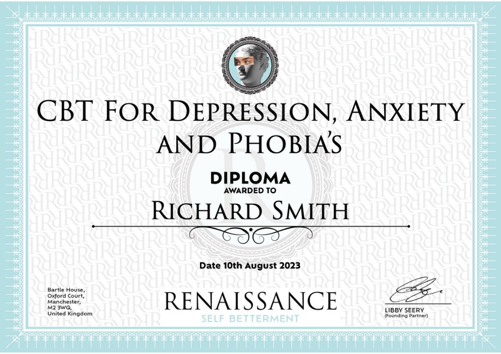 Example of diploma received following completion of CBT For Depression, Anxiety and Phobias