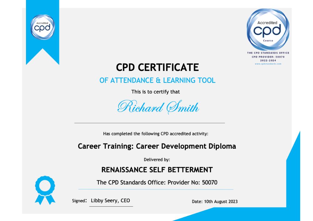 Example of CPD certificate received following completion of Career Training: Career Development