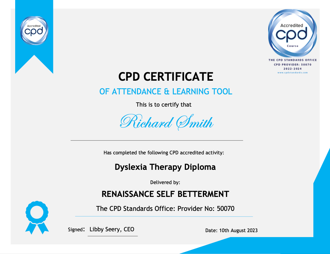 Example of CPD certificate received following completion of Dyslexia Therapy course