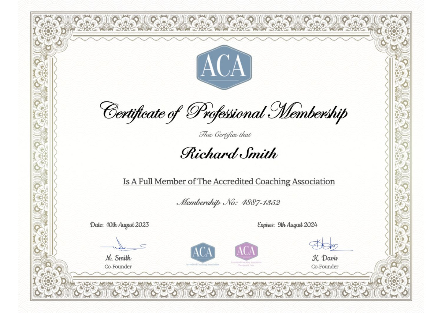 A copy of the (ACA) Accredited Coaching Association Membership Certification, the ACA logo and the ACA Therapeutic Arts logo