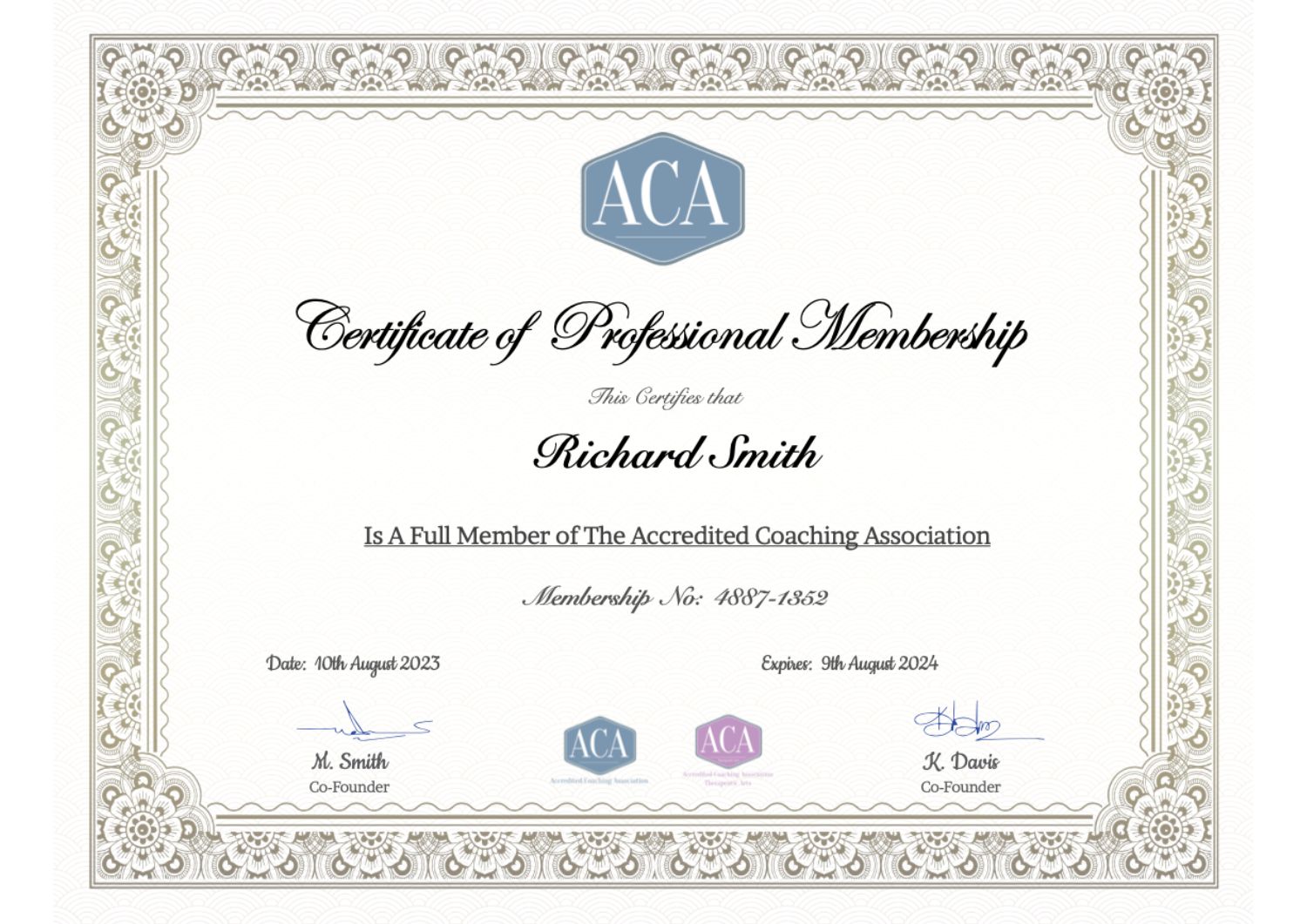 A copy of the (ACA) Accredited Coaching Association Membership Certification, the ACA logo and the ACA Therapeutic Arts logo