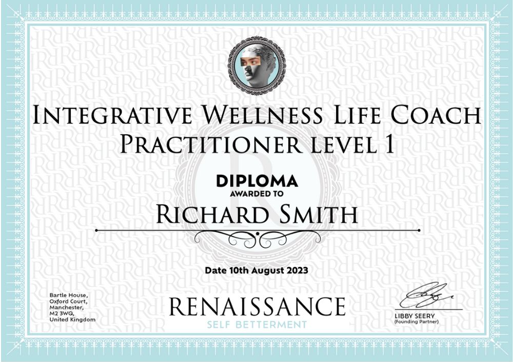 Example of diploma received following completion of Integrative Wellness Life Coach Practitioner level 1