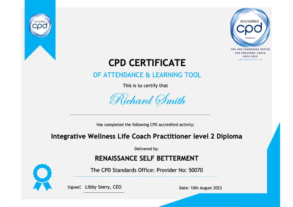 Example of CPD certificate received following completion of Integrative Wellness Life Coach Practitioner level 2
