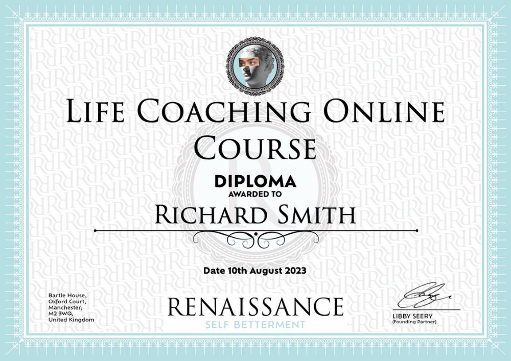 Example of diploma received following completion of Life Coaching Online Course