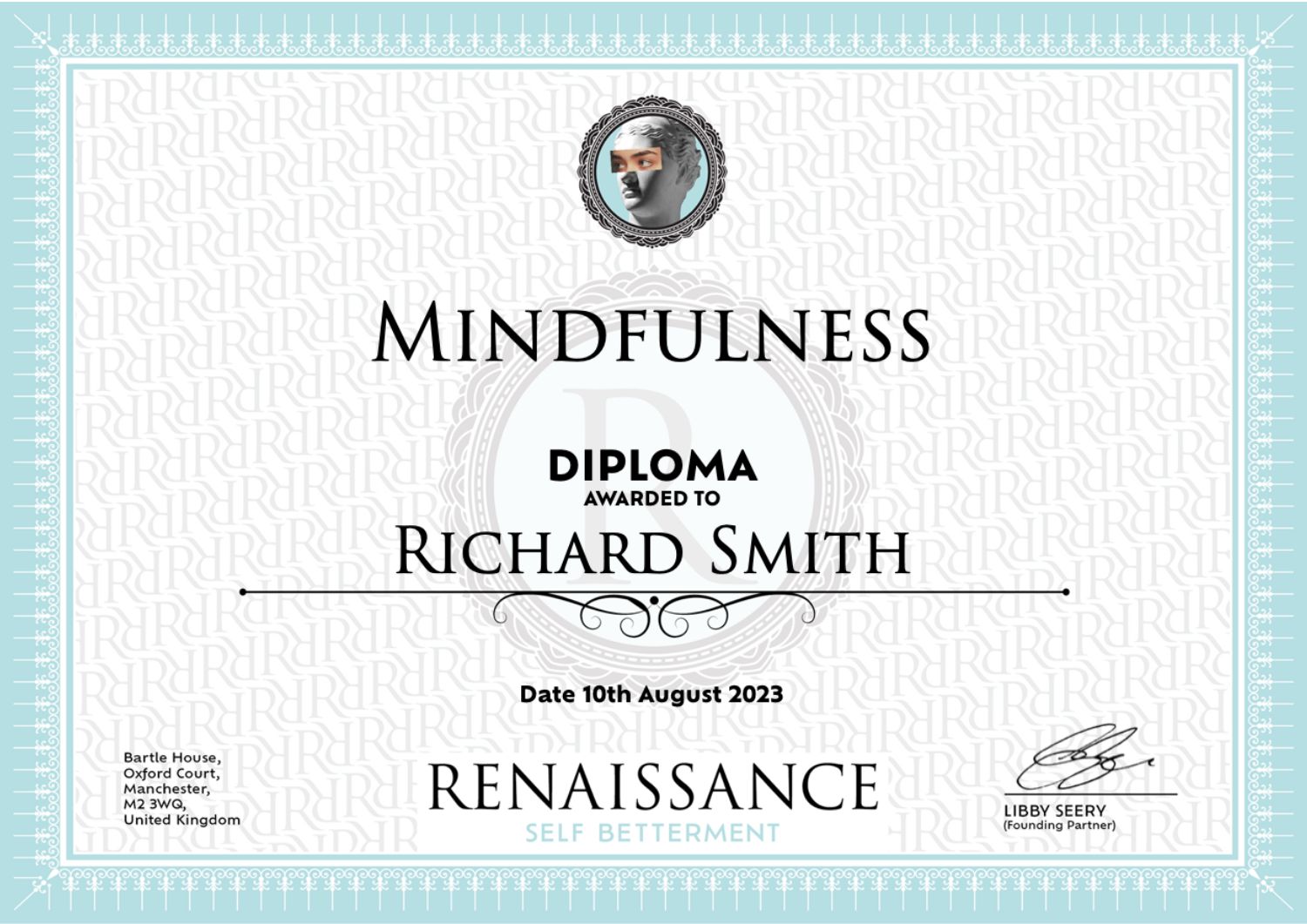 Example of diploma received following completion of mindfulness course