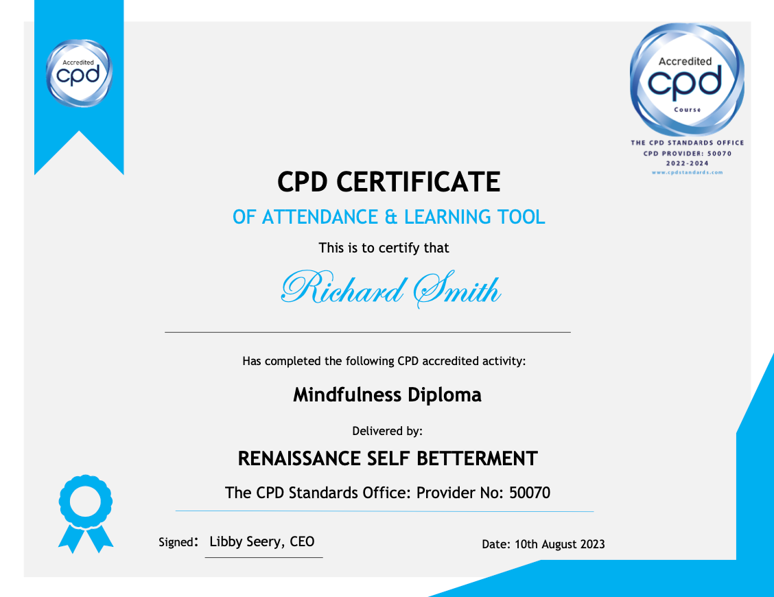 Example of CPD certificate of attendance received following completion of this mindfulness course