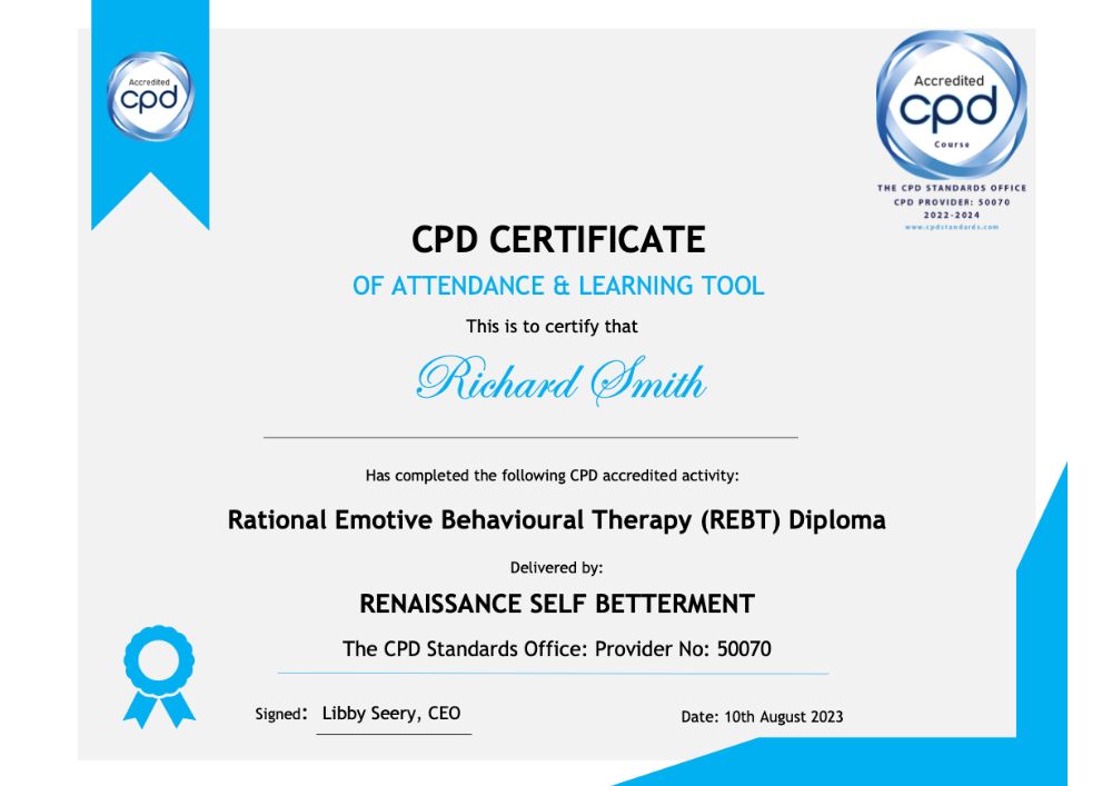 Example of CPD certificate received following completion of Rational Emotive Behavioural Therapy (REBT)