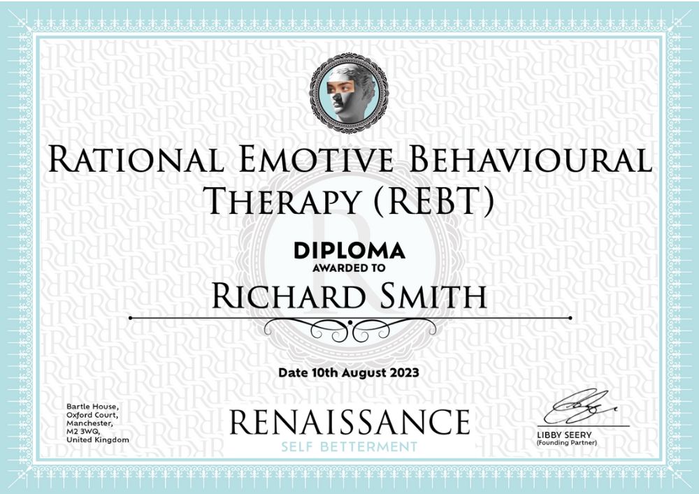 Example of diploma received following completion of Rational Emotive Behavioural Therapy (REBT)