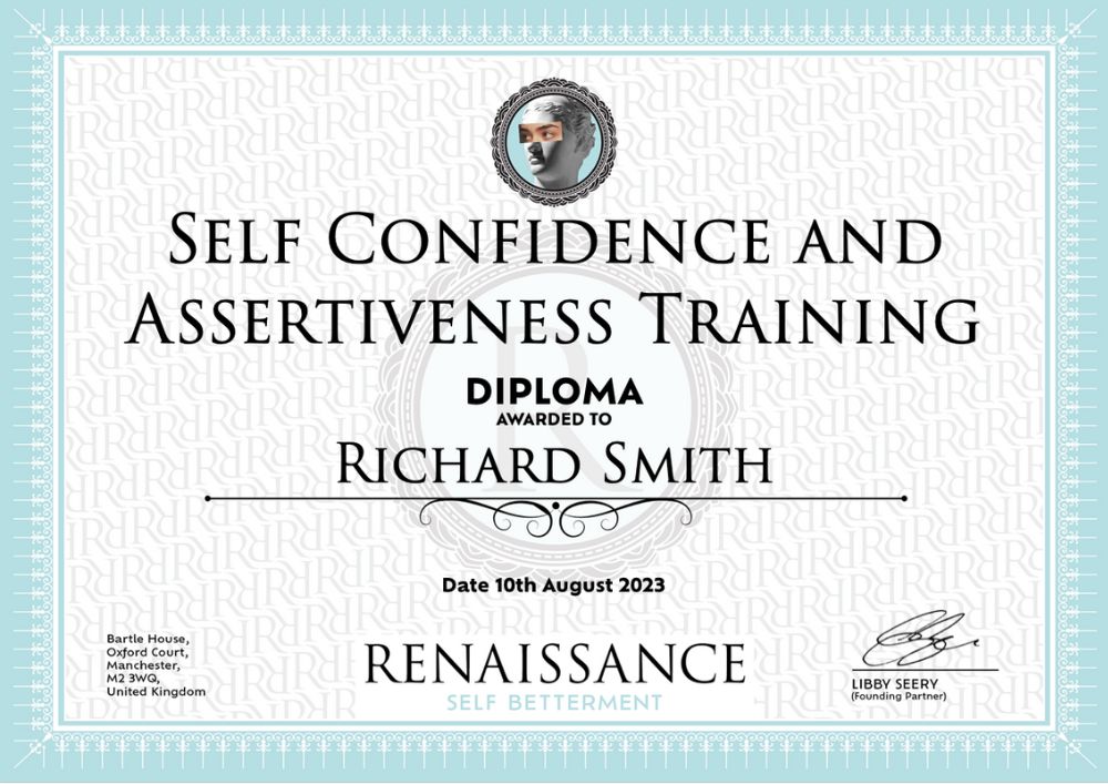 Example of diploma received following completion of Self Confidence and Assertiveness Training