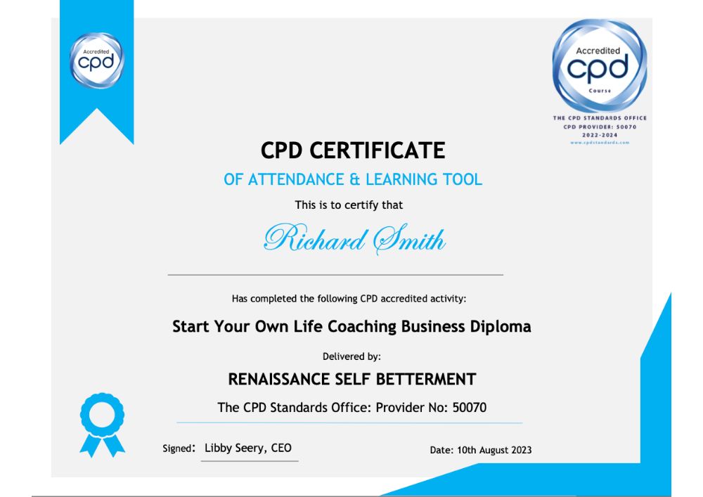 Example of CPD certificate received following completion of Start Your Own Life Coaching Business