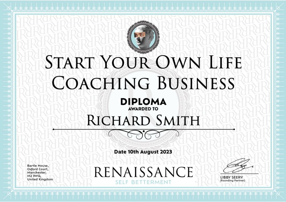 Example of diploma received following completion of Start Your Own Life Coaching Business