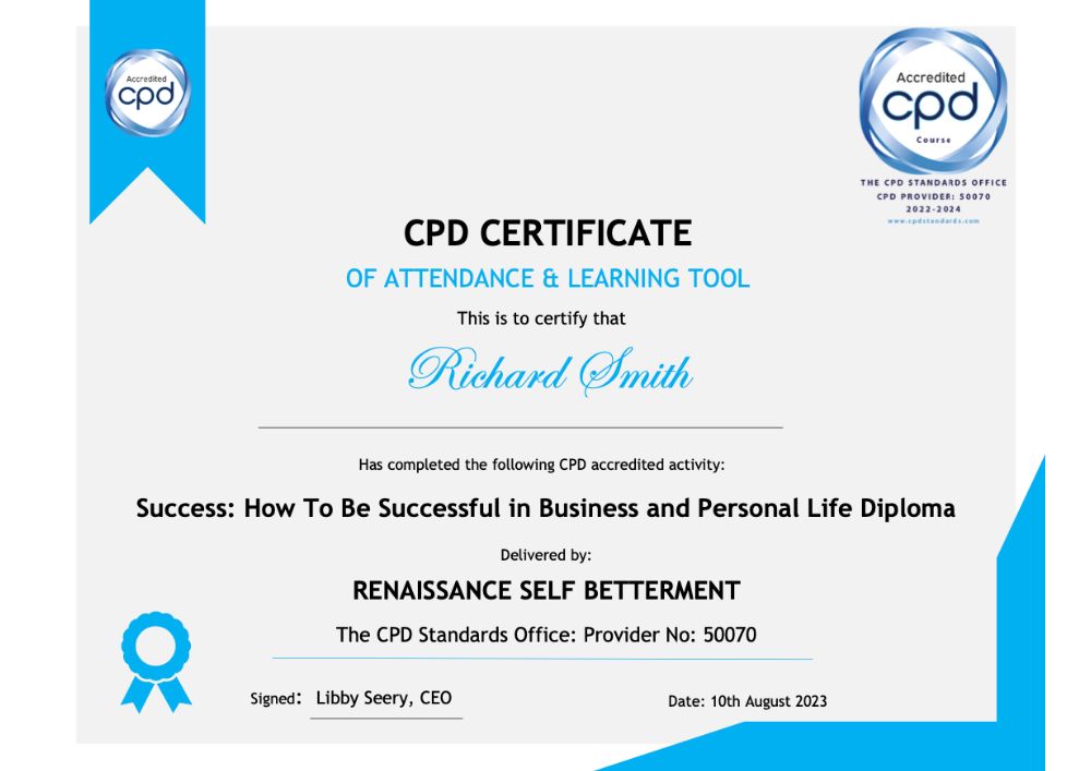 Example of CPD certificate received following completion of Success: How To Be Successful in Business and Personal Life