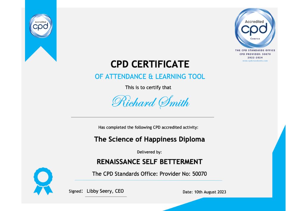 Example of CPD certificate received following completion of The Science of Happiness