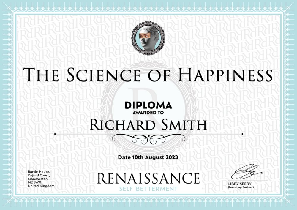 Example of diploma received following completion of The Science of Happiness