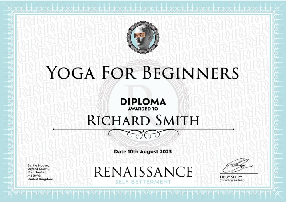 Example of diploma received following completion of yoga for beginners course